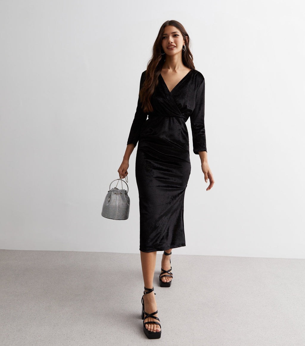 Velvet wrap midi dress, black