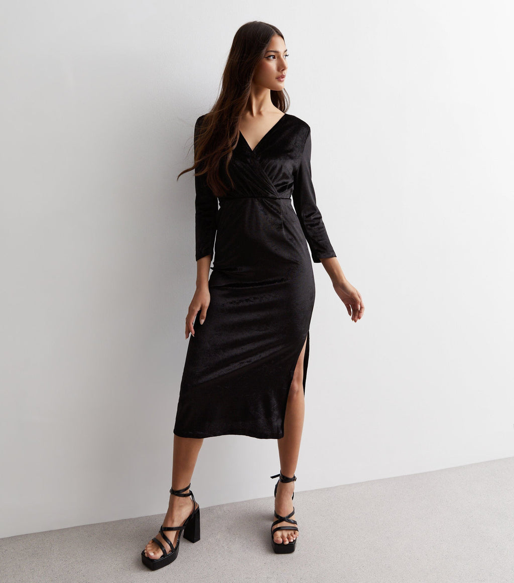 Velvet wrap midi dress, black