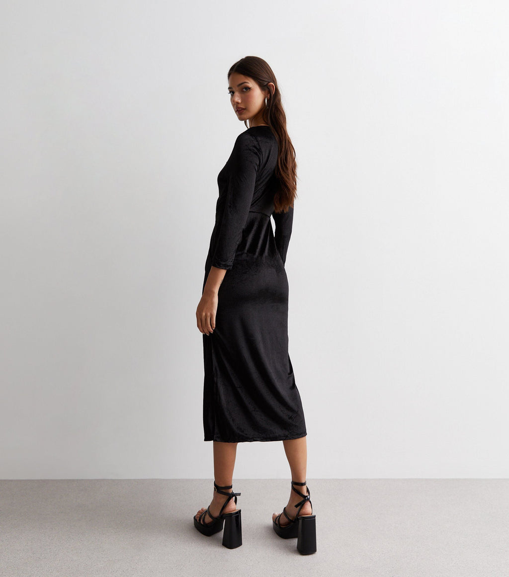 Velvet wrap midi dress, black