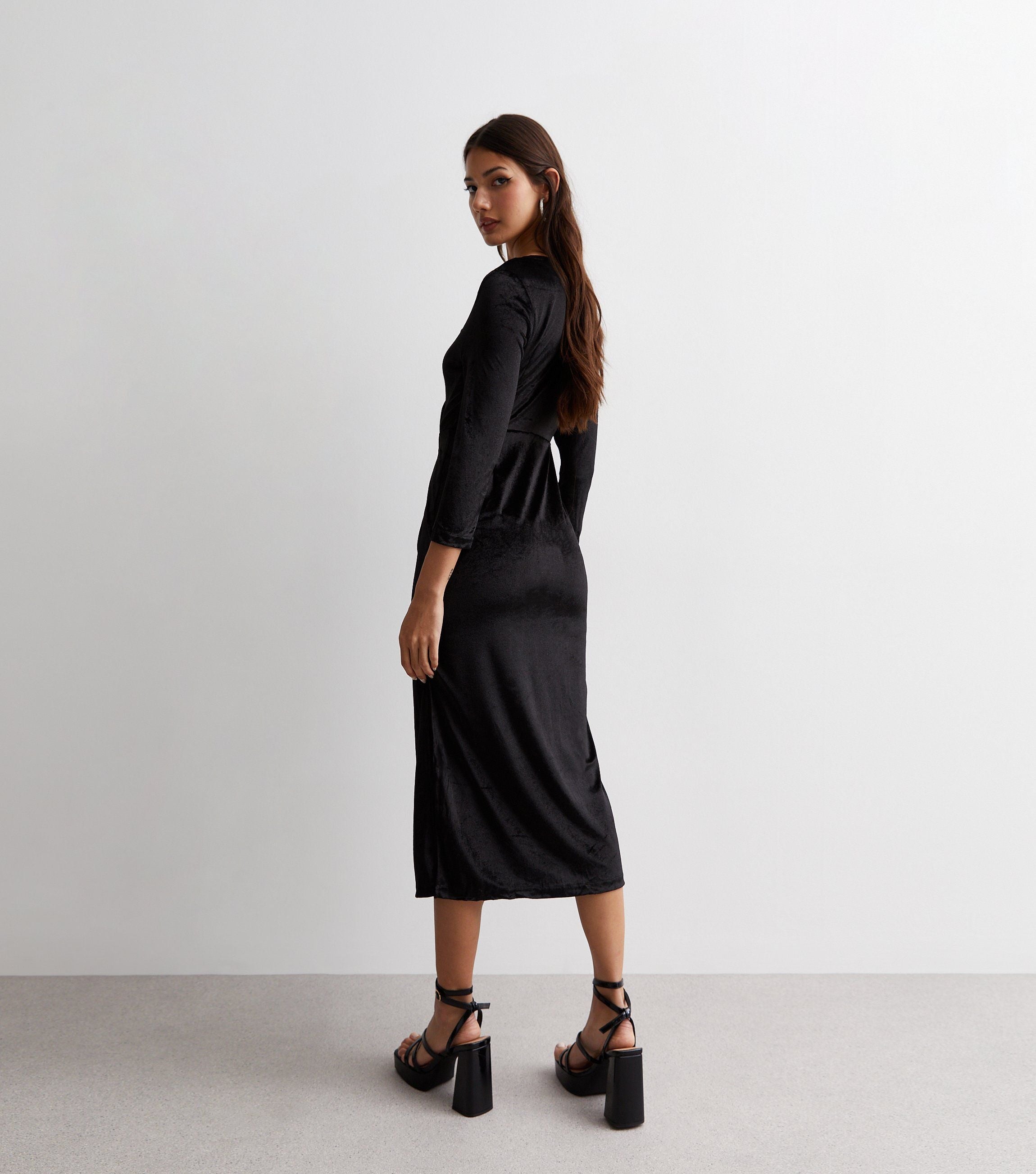 Velvet wrap midi dress, black