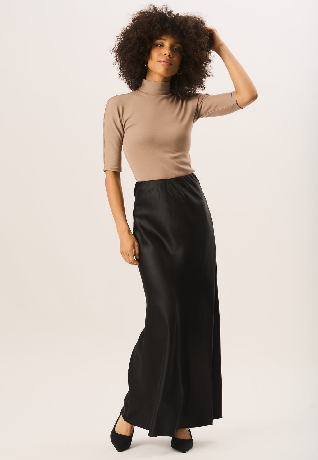 Satin feel Bias maxi skirt, black