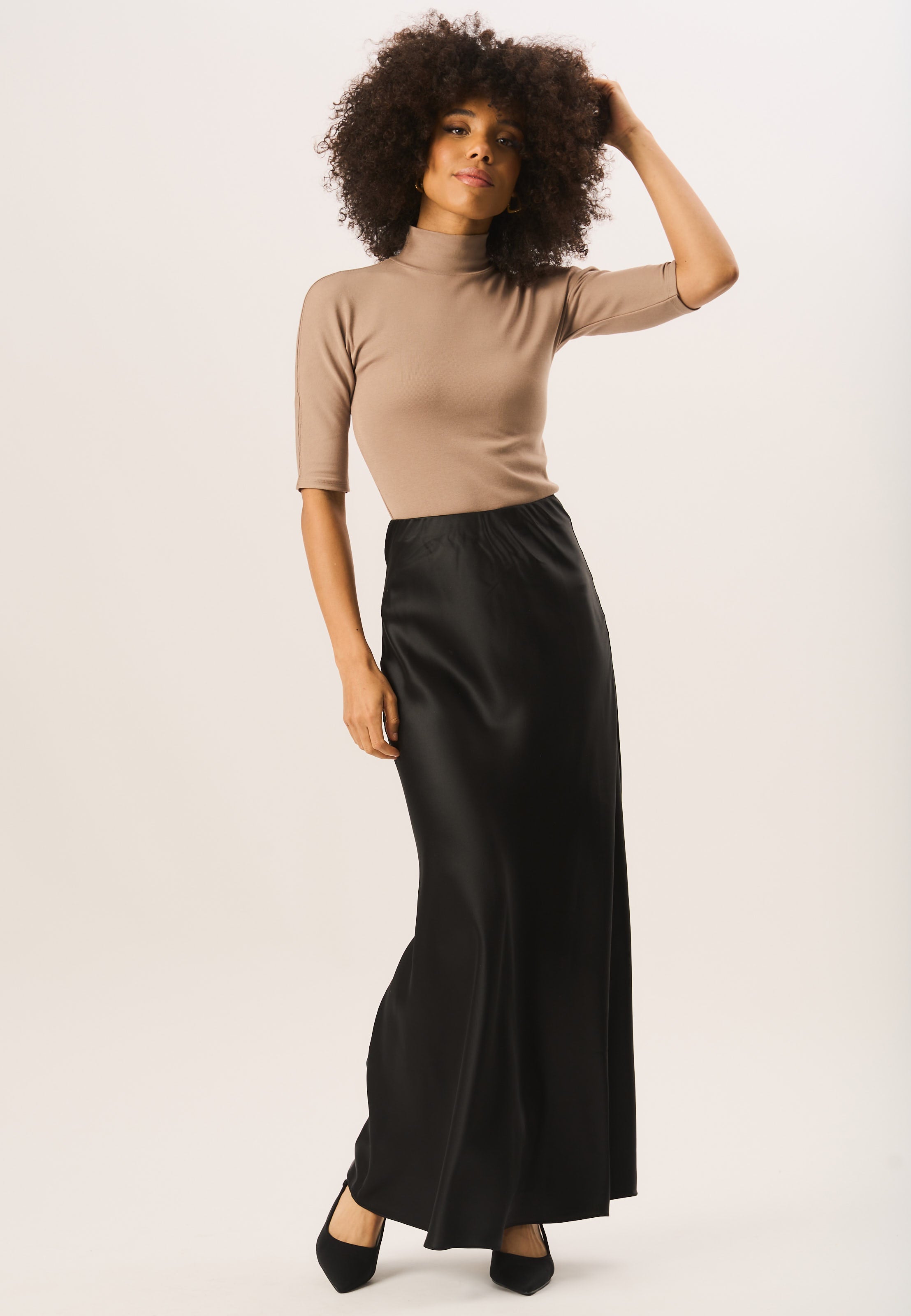 Satin feel Bias maxi skirt, black