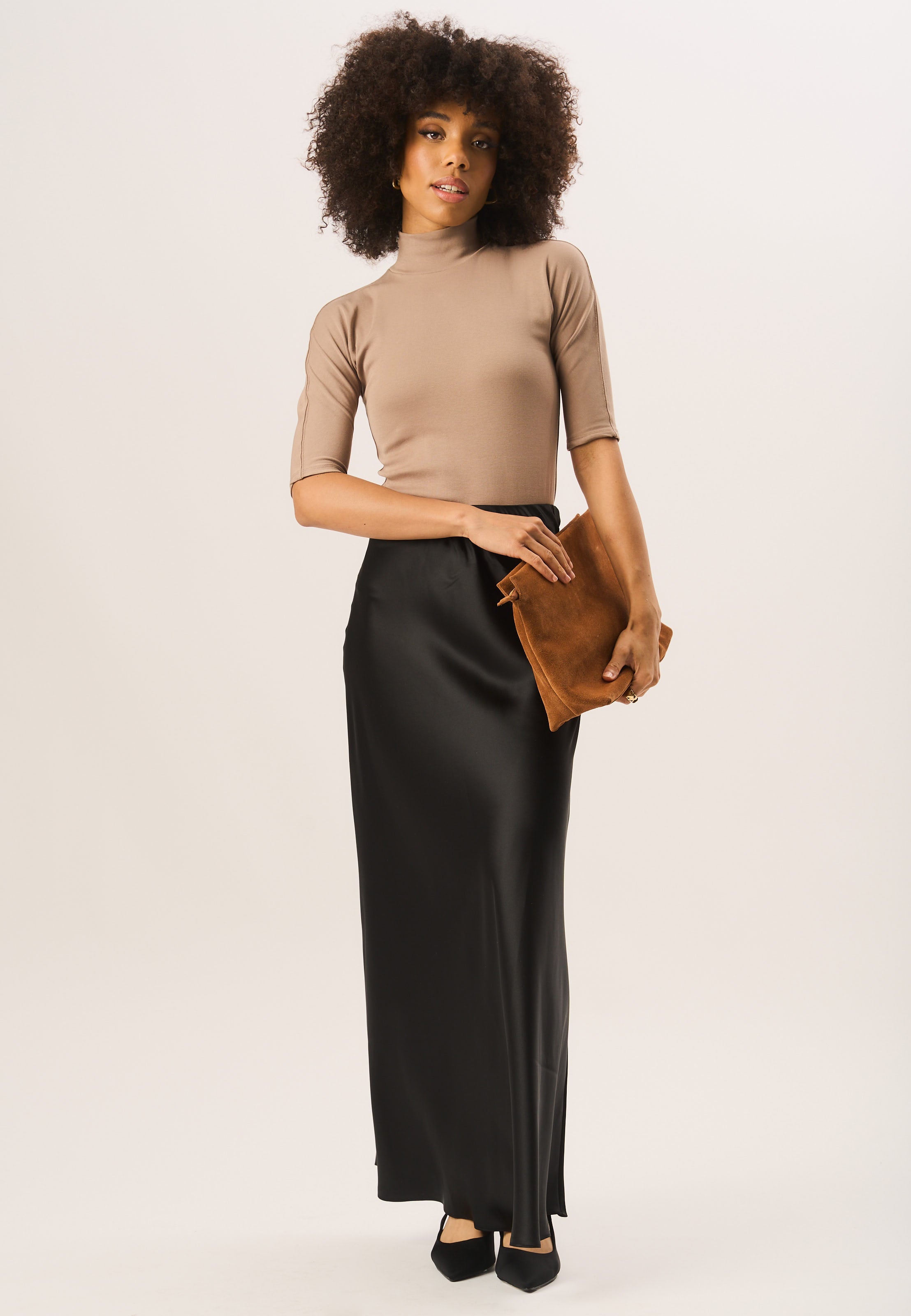 Satin feel Bias maxi skirt, black