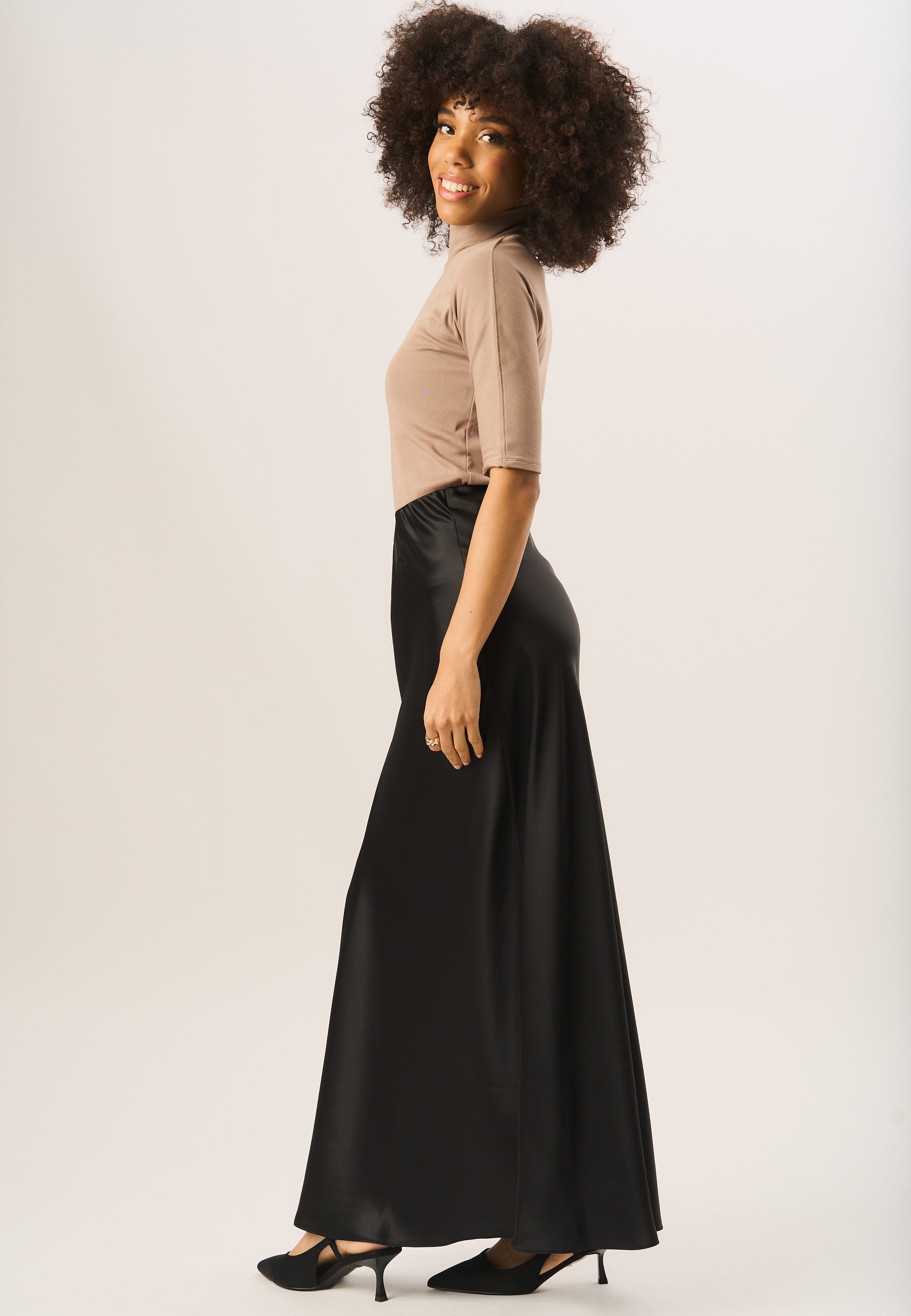Satin feel Bias maxi skirt, black