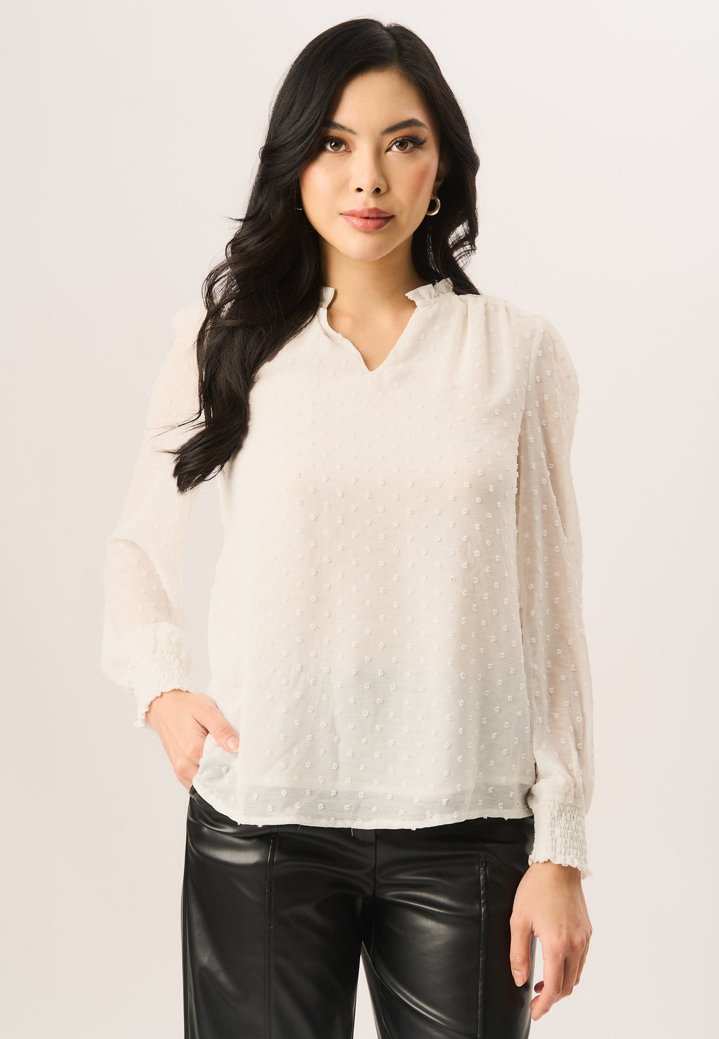Dobby chiffon frill blouse, white
