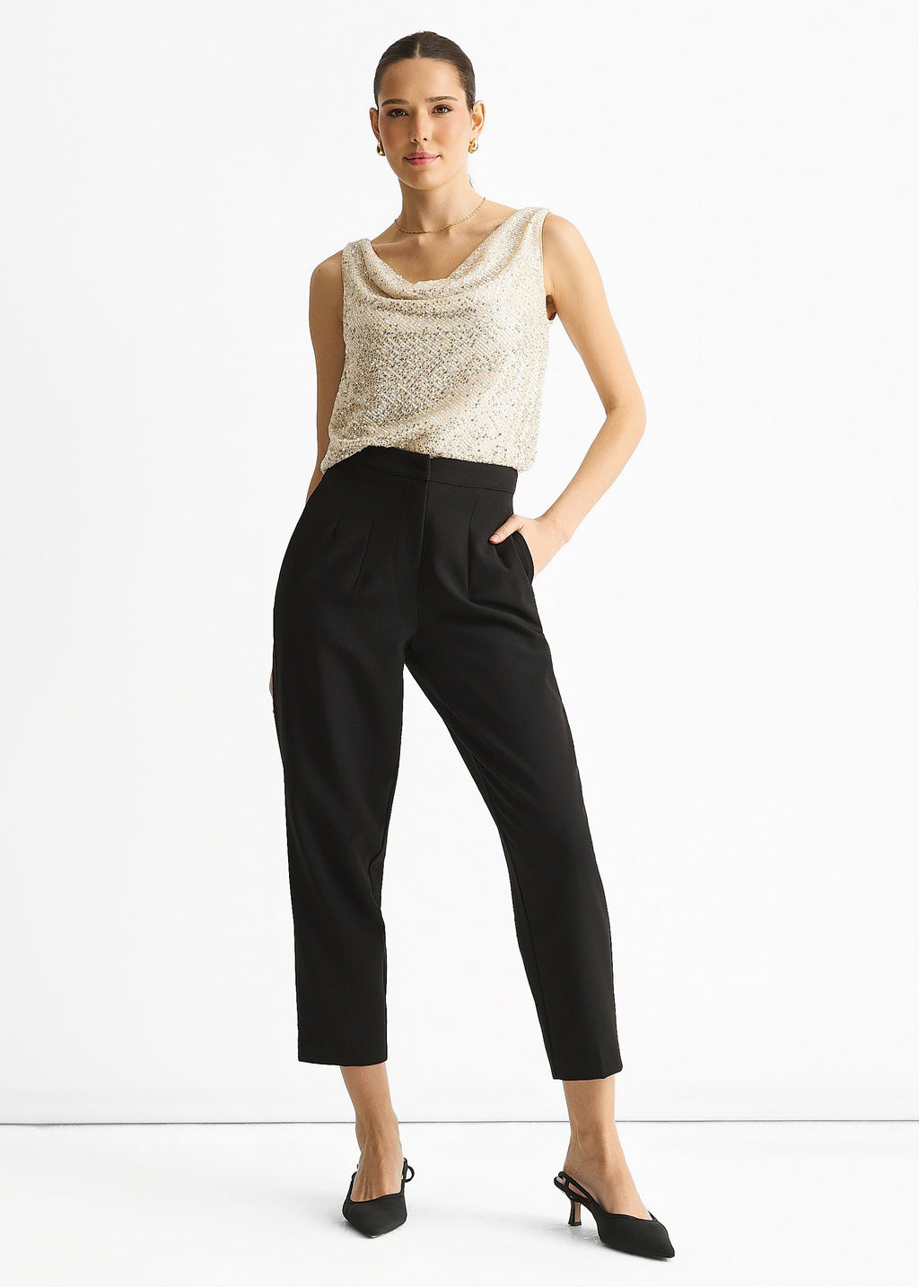 Sequin cowl neck cami top, champagne