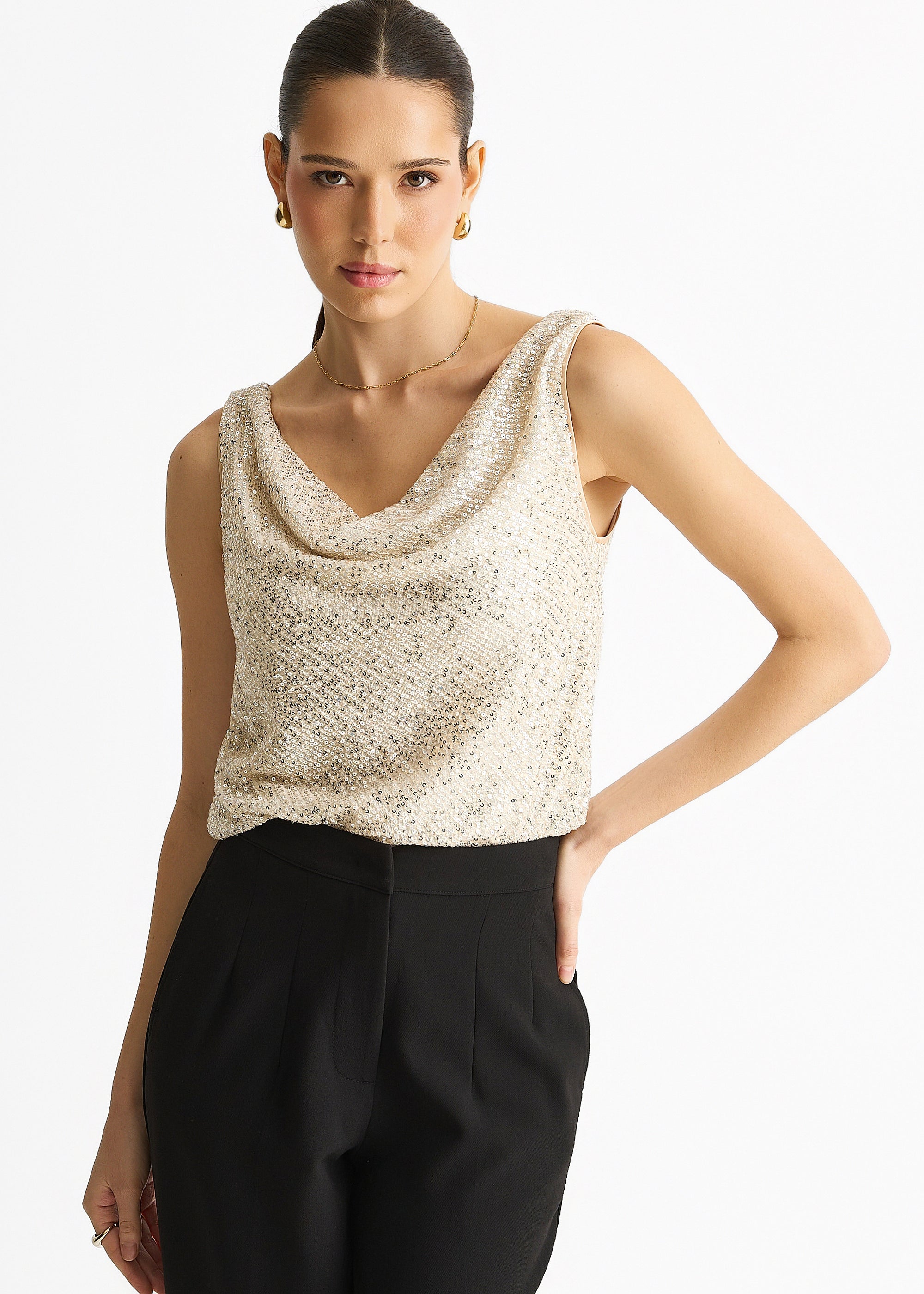 Sequin cowl neck cami top, champagne
