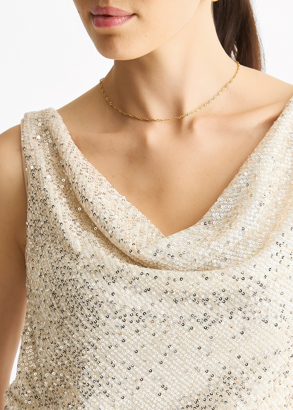 Sequin cowl neck cami top, champagne