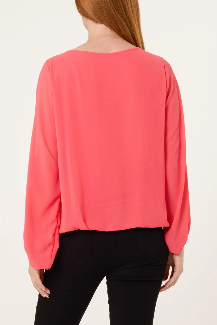 Ariel scoop neck bubble hem blouse, coral