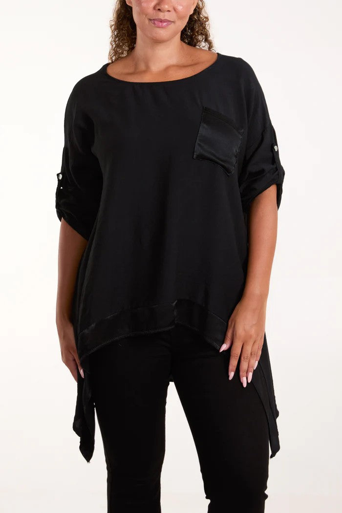 Bella high low satin trim pocket top, black