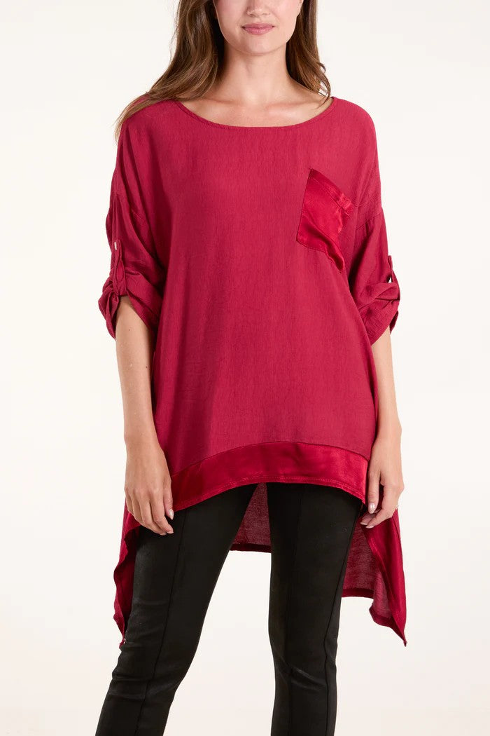 Bella high low satin trim pocket top, wine