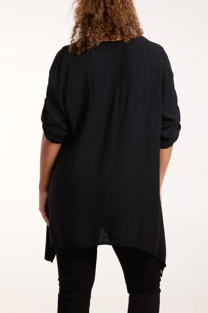 Bella high low satin trim pocket top, black