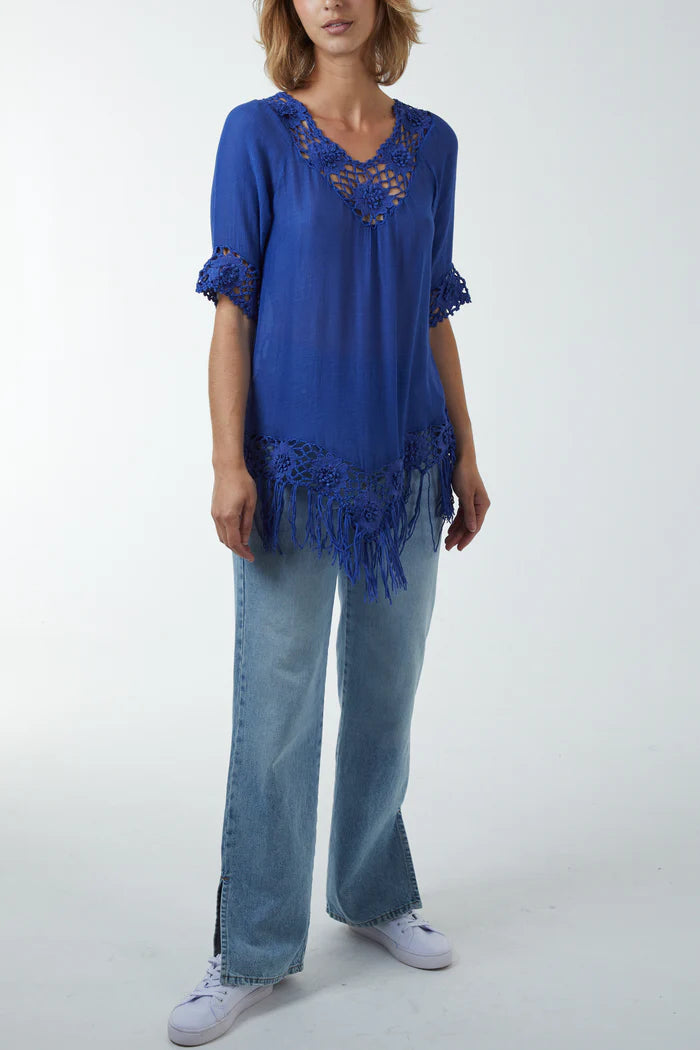 Crochet detail top, blue