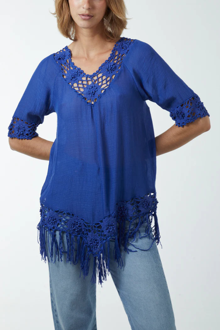 Crochet detail top, blue