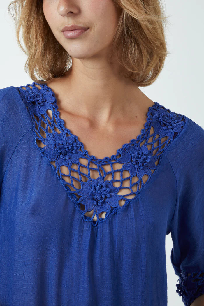 Crochet detail top, blue