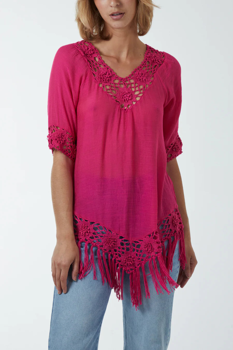 Crochet detail top, hot pink