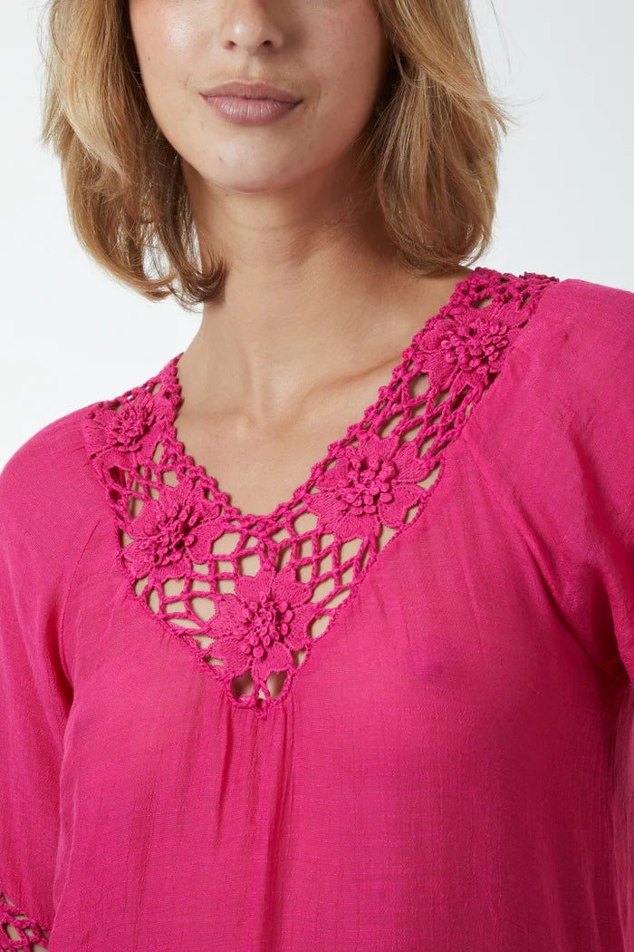 Crochet detail top, hot pink