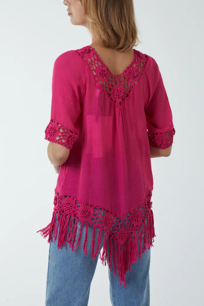 Crochet detail top, hot pink