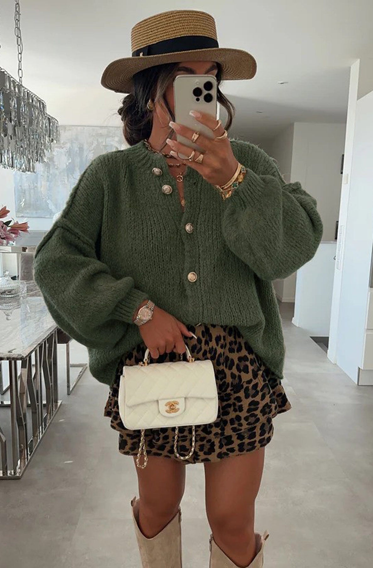 Amara oversized gold buttoned cardigan, khaki