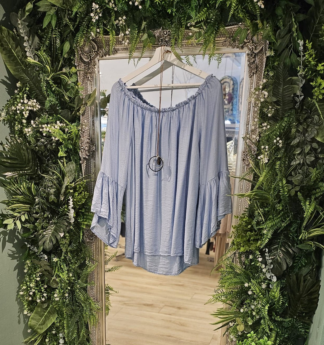 Belle bell sleeve necklace top, blue