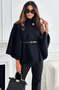 Button detail belted poncho,black