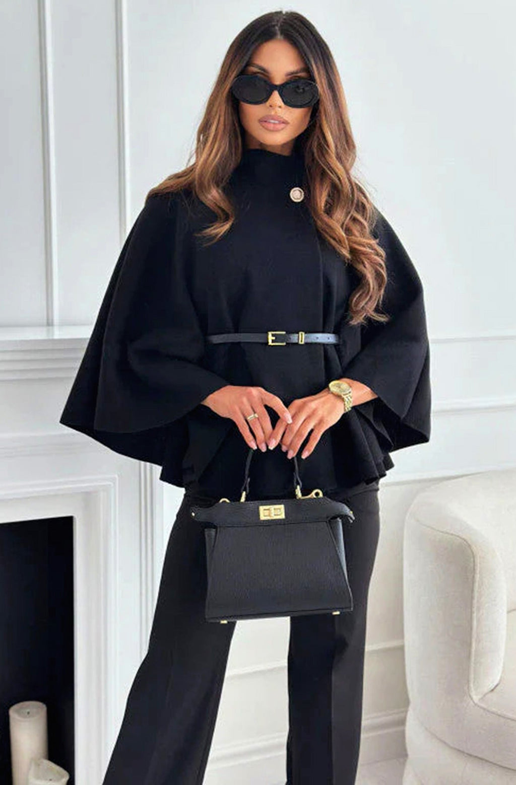 Button detail belted poncho,black