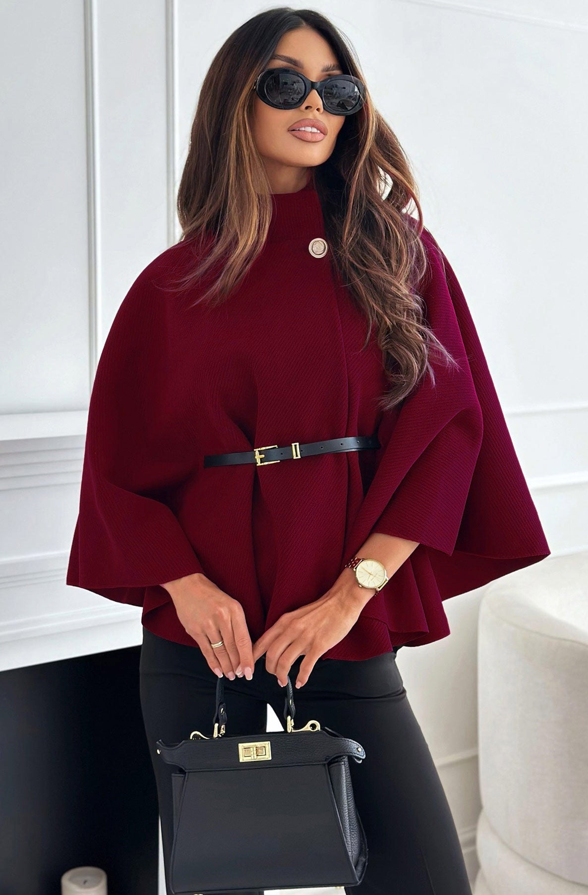 Button detail belted poncho, wine