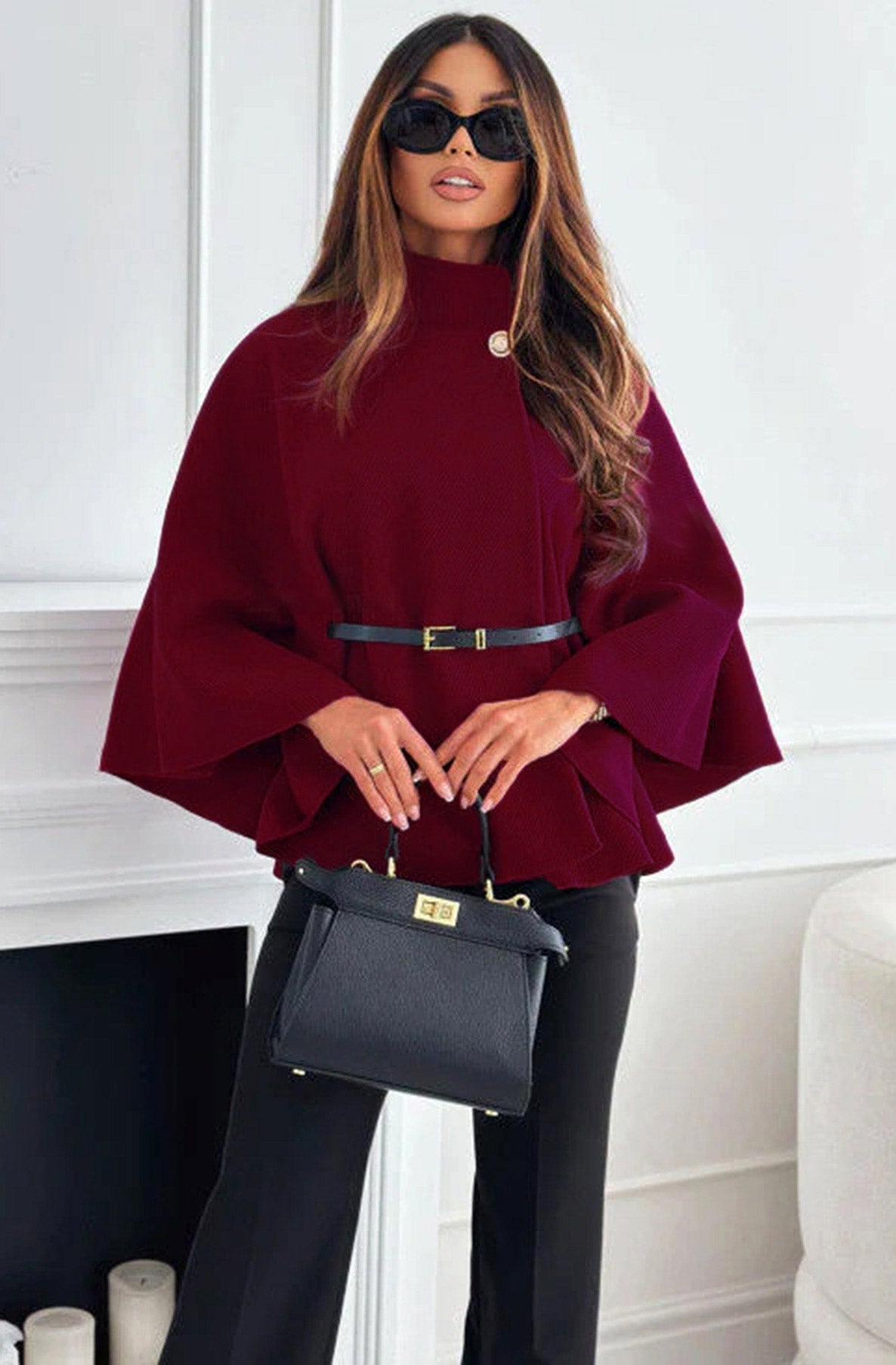 Button detail belted poncho, wine