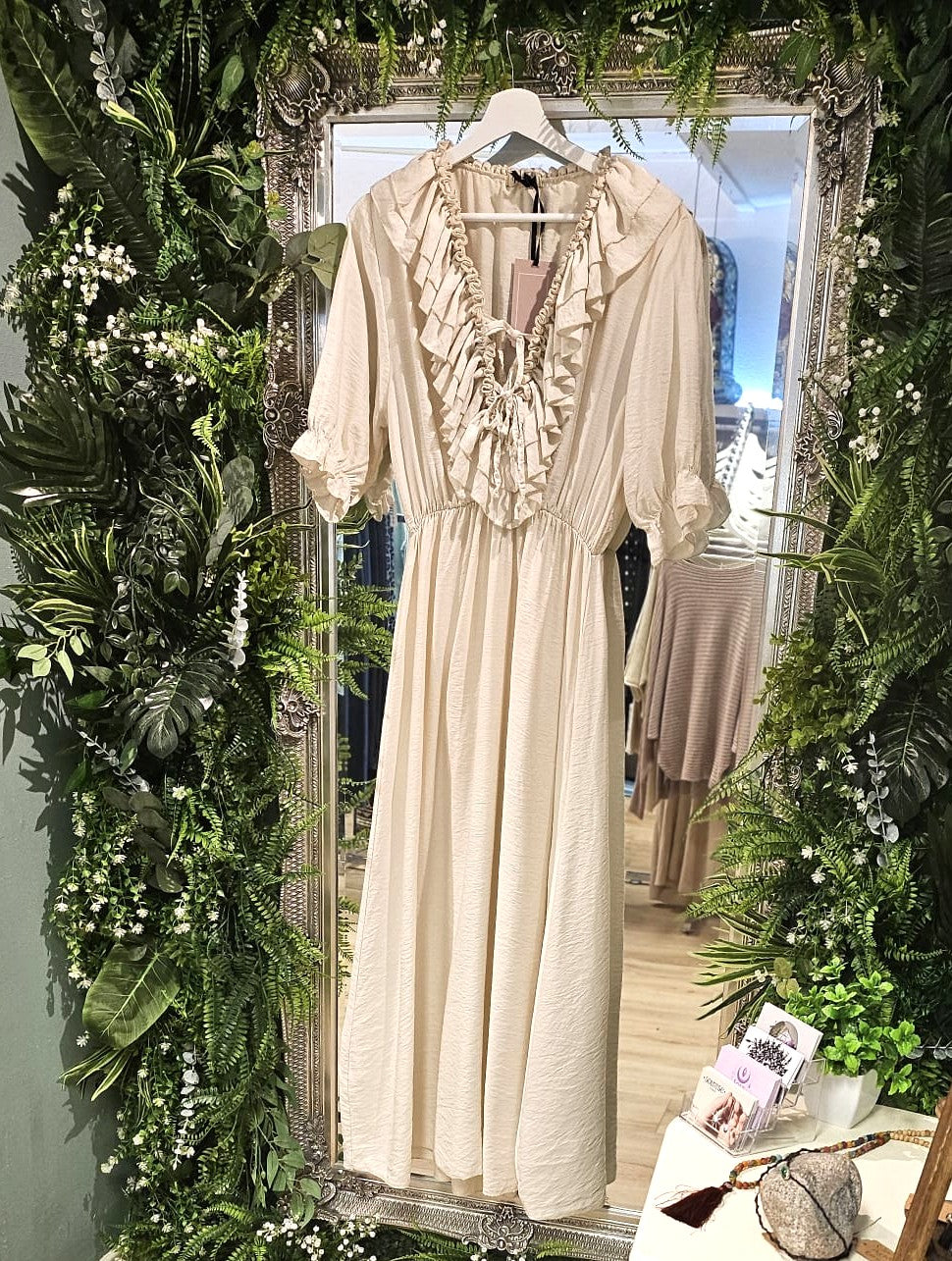 Frill front dress, cream