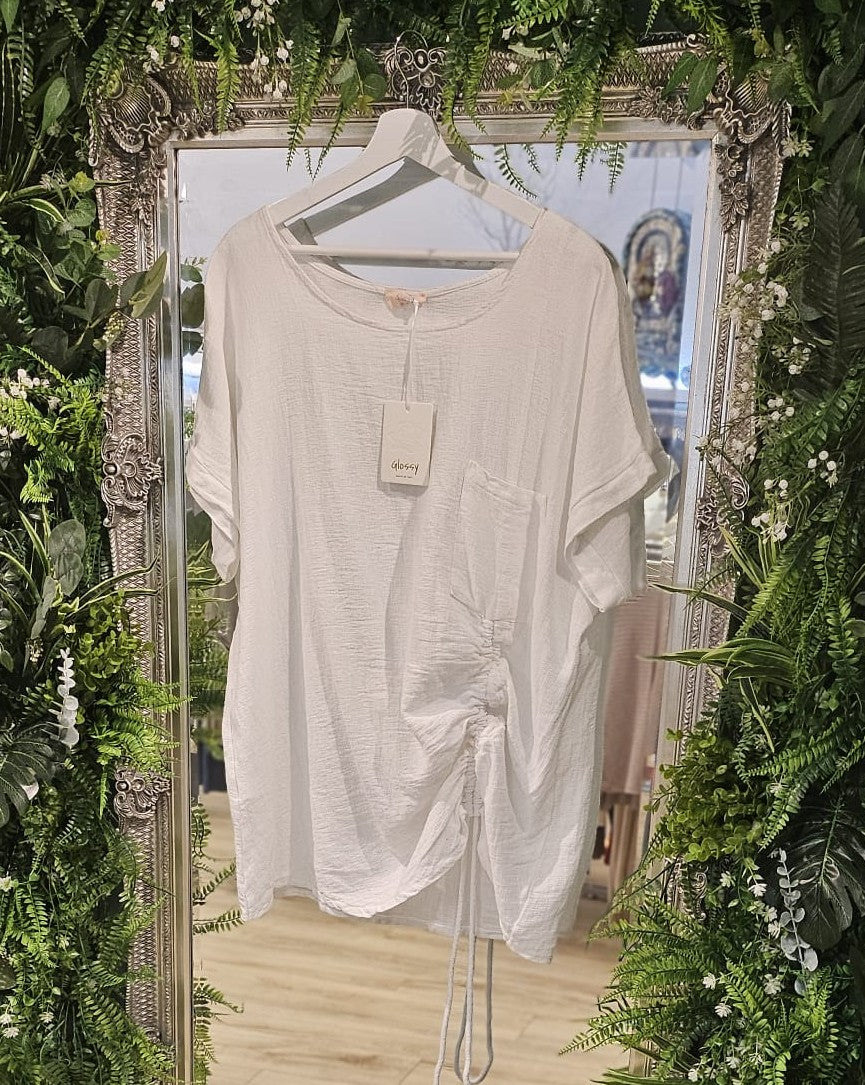 Gracella tie side linen top, plus size, white