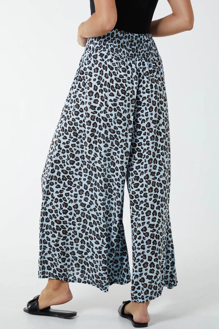 Ruched waist leopard print trousers, light blue