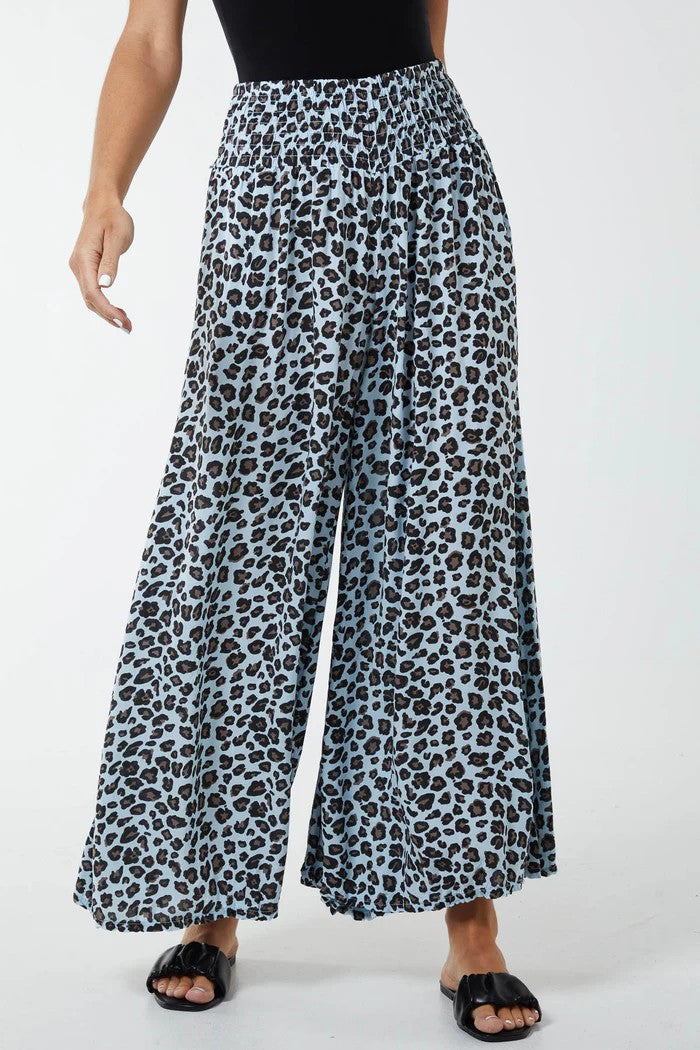 Ruched waist leopard print trousers, light blue