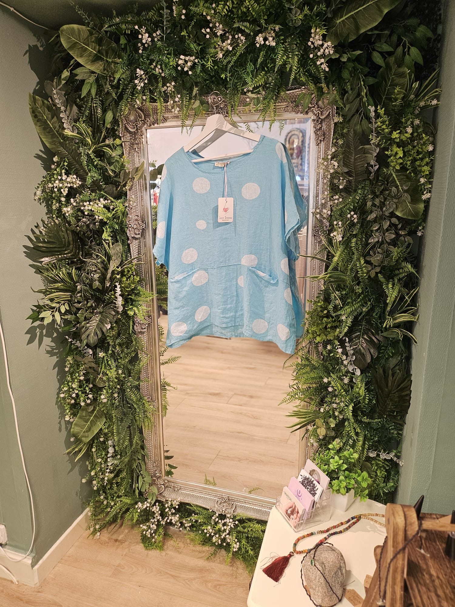 Polka dot linen top, blue