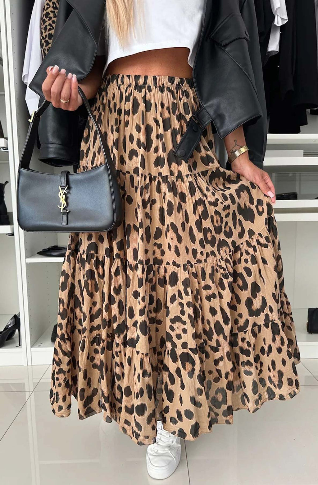 Sandra leopard print tiered maxi skirt