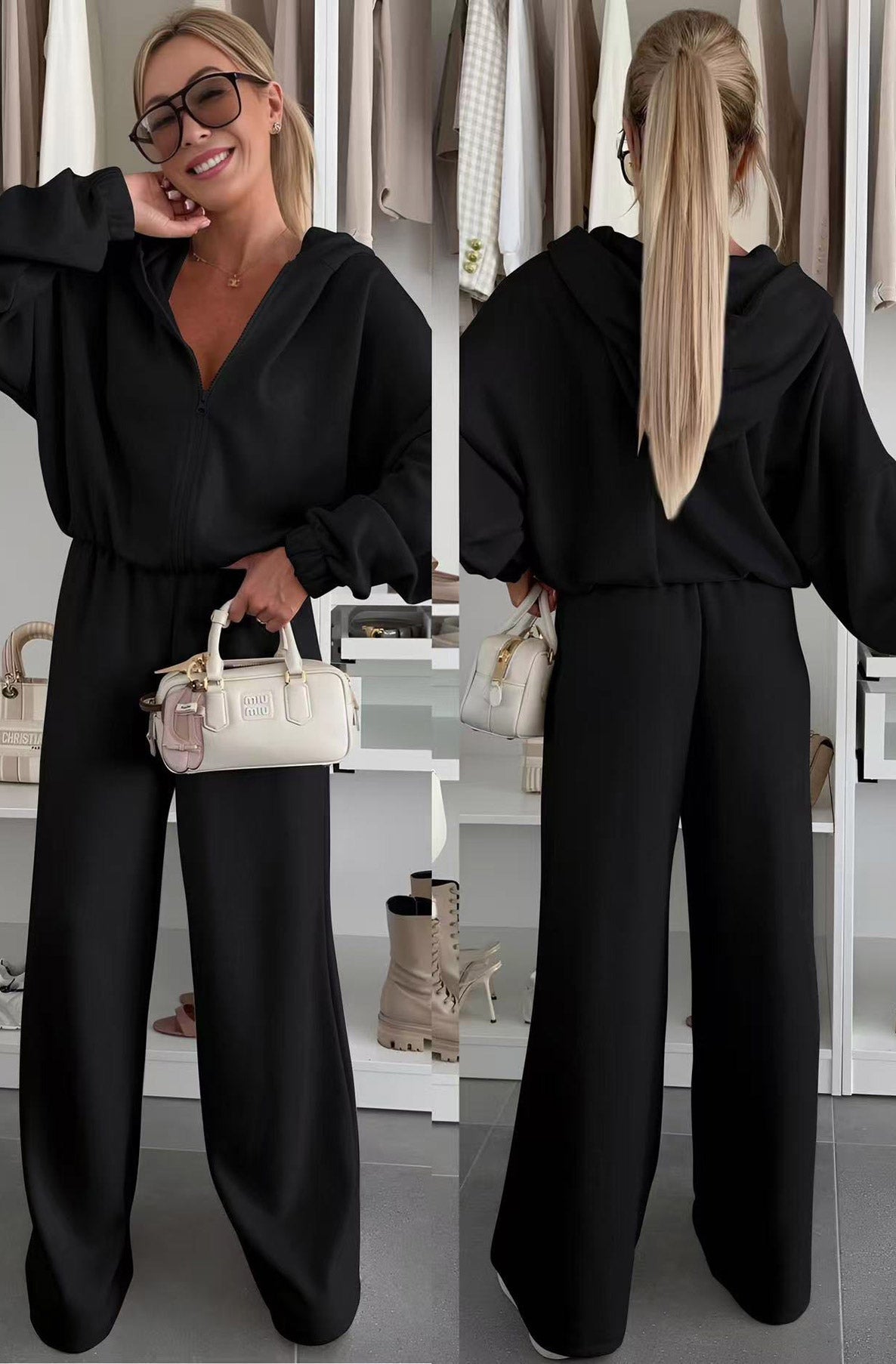 Seren hooded two piece lounge set, black