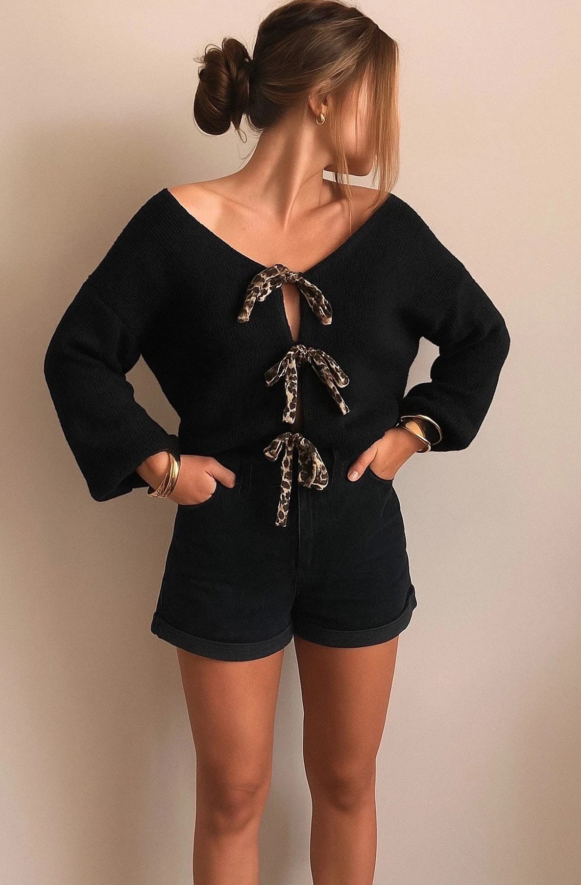 Stephanie leopard tie-up knitted cardigan, black