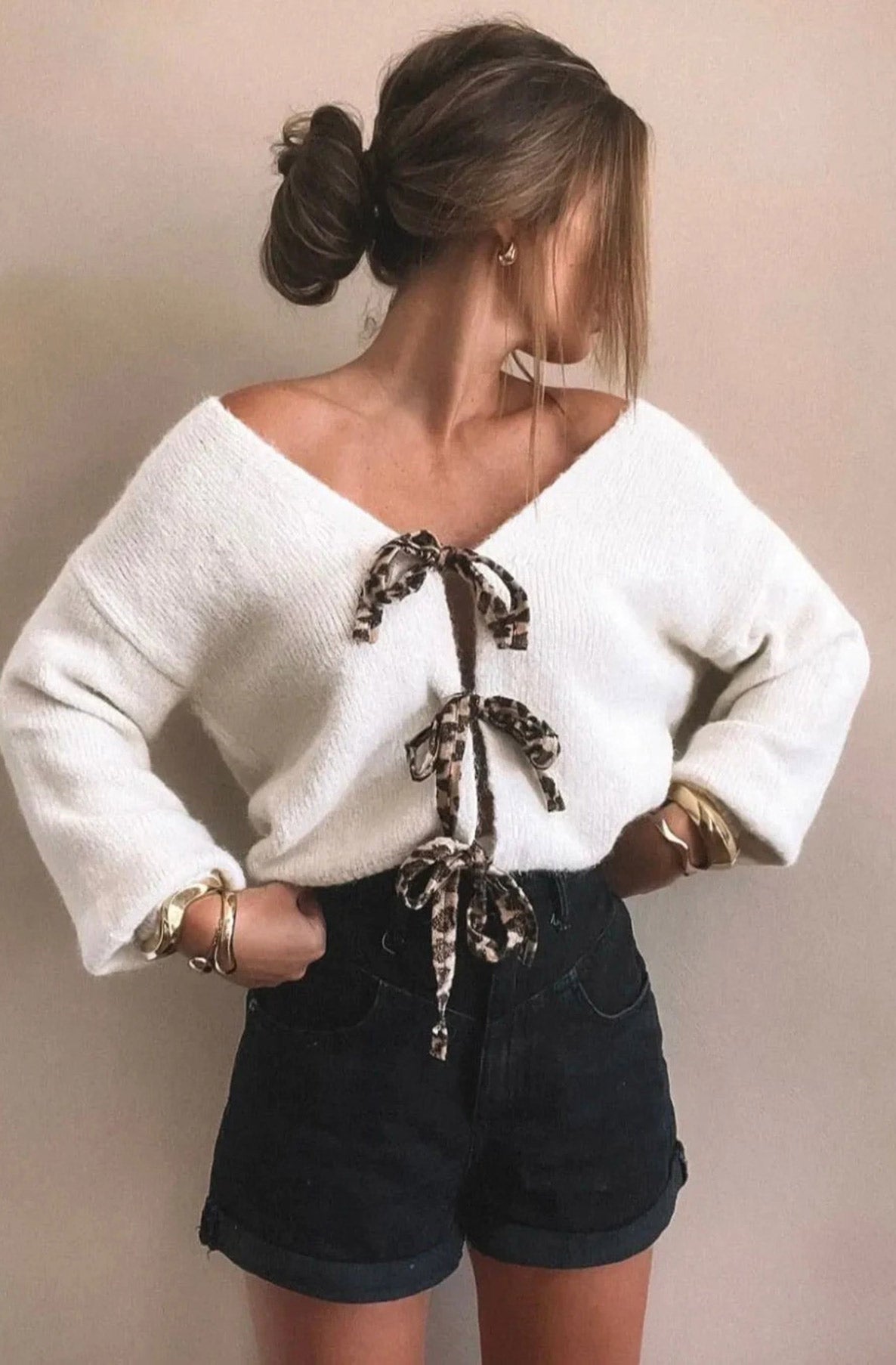 Stephanie leopard tie-up knitted cardigan, cream