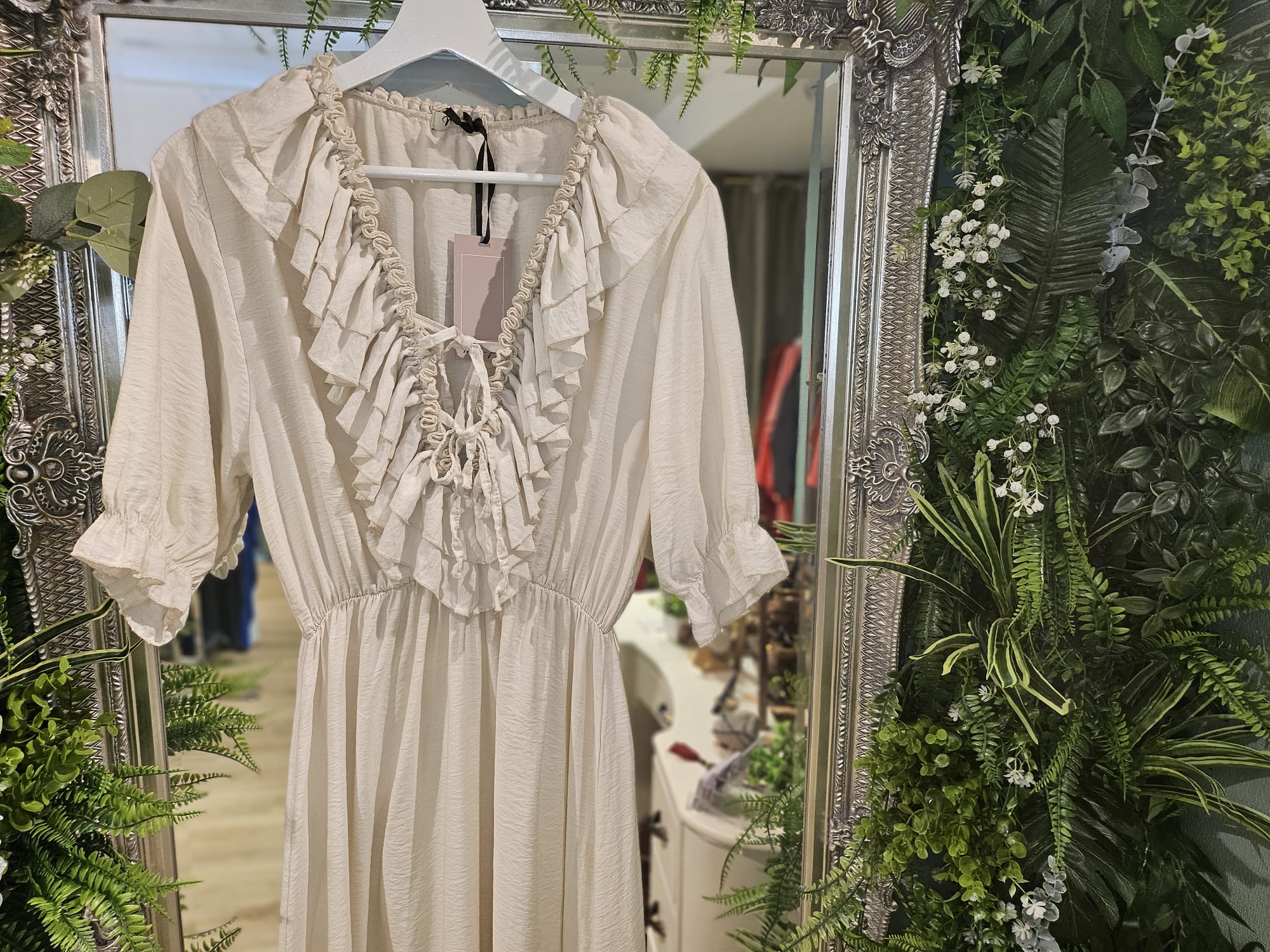 Frill front dress, cream