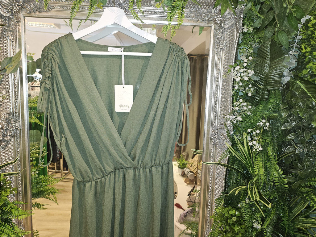 Tess tie-shoulder dress, khaki