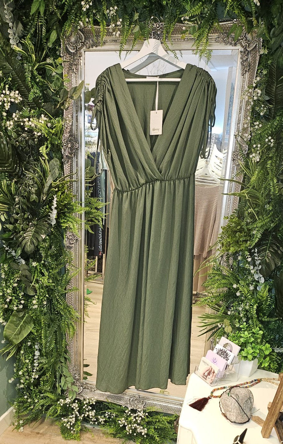 Tess tie-shoulder dress, khaki